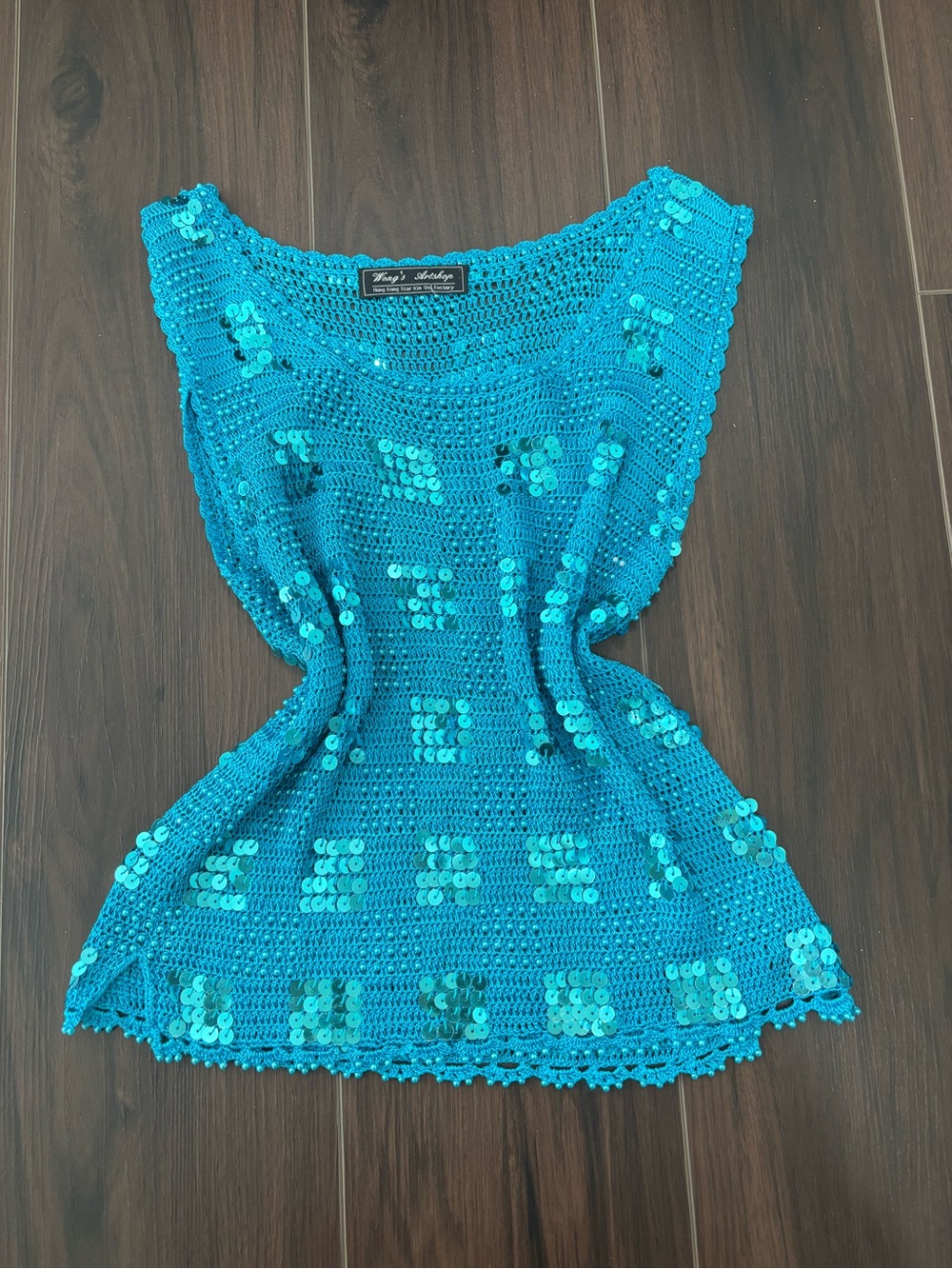 blue teal vintage y2k viral crochet beaded bead sequin embellished tank top